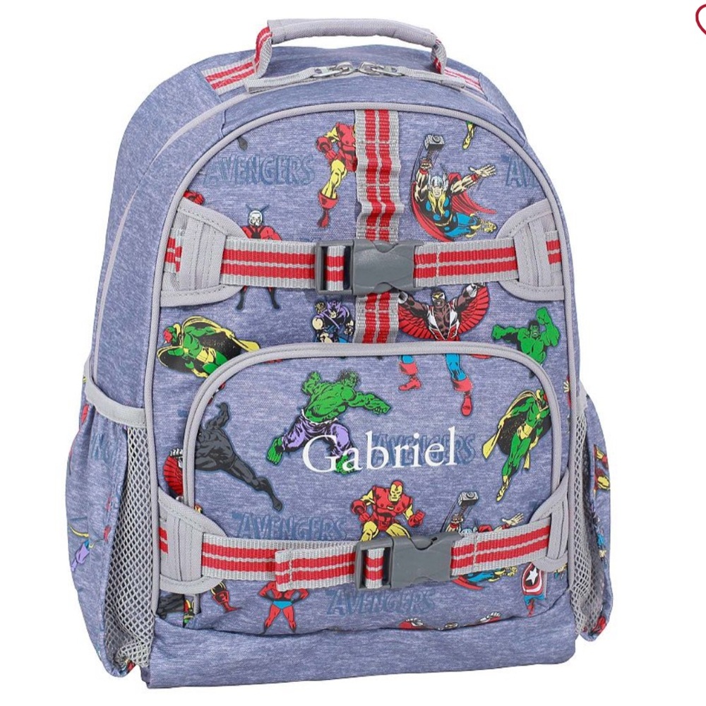 Non-monogrammed Pottery Barn Kids Marvel Comics glow in the dark backpack.
